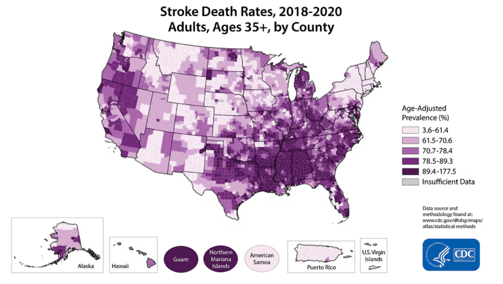 Stroke Death Rates across the US in adults ages 35 and older (by county) from 2018-2020. Image from the CDC. 